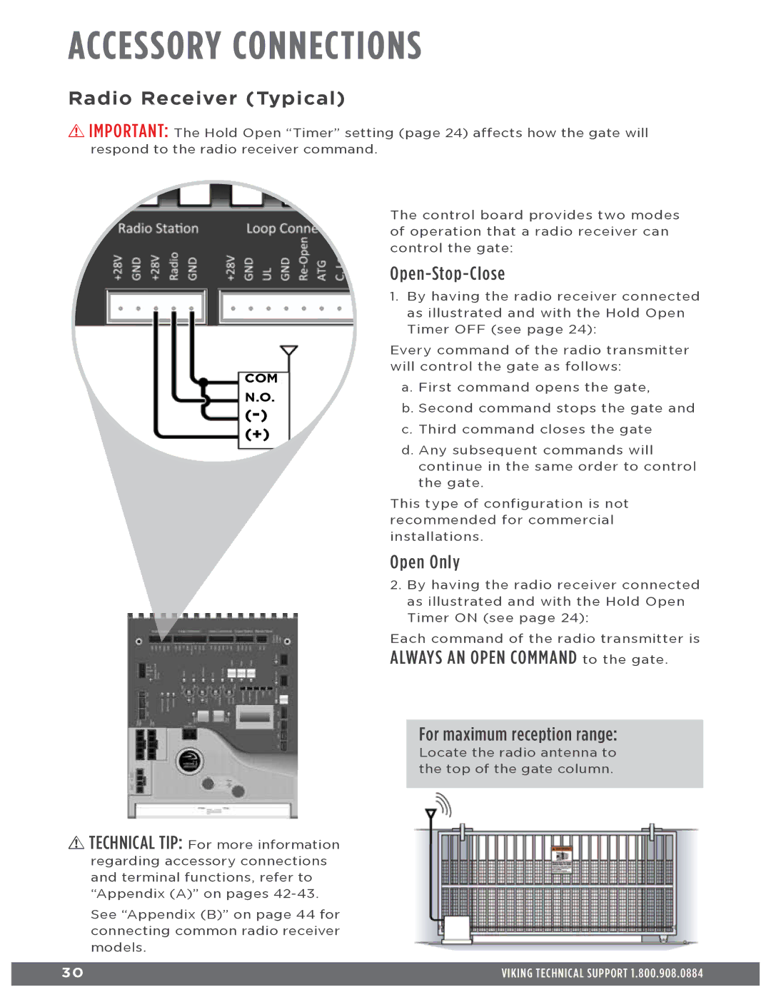 Viking Access Systems f1 gate manual Radio Receiver Typical, Open-Stop-Close, Open Only 