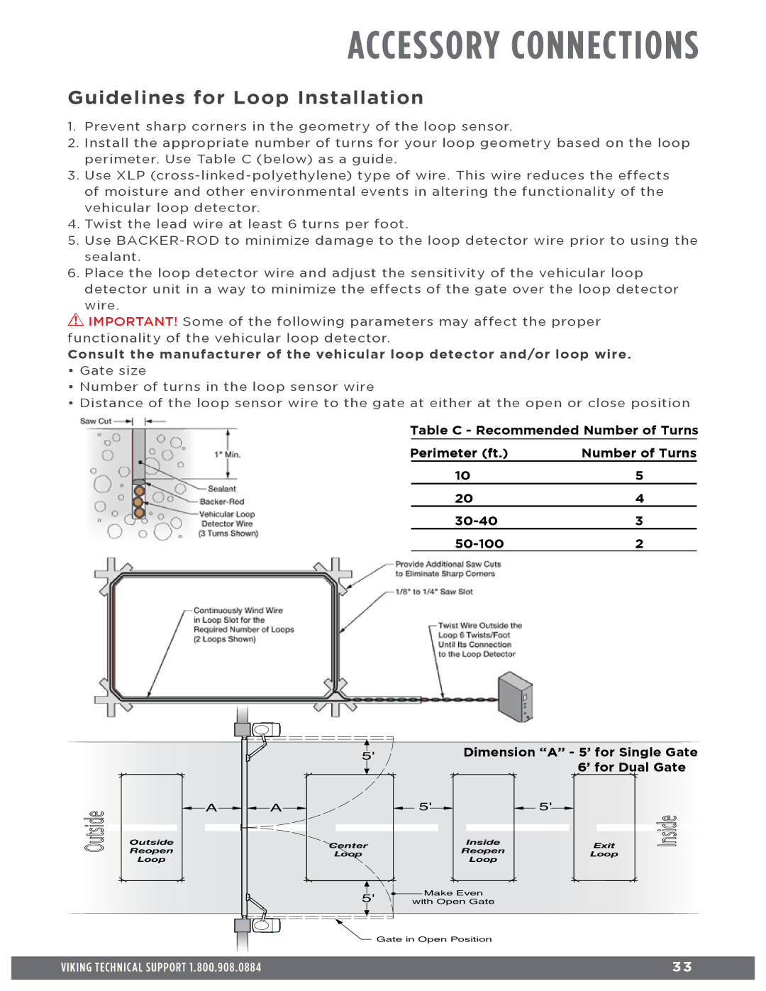 Viking Access Systems f1 gate manual Accessory Connections, Guidelines for Loop Installation 