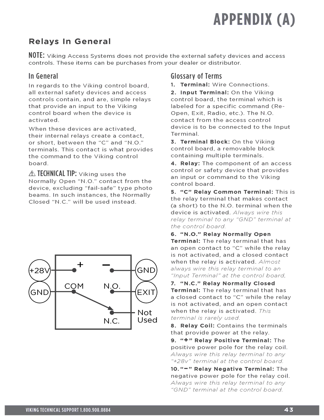 Viking Access Systems f1 gate manual Appendix a, Relays In General, Technical TIP Viking uses, Glossary of Terms 