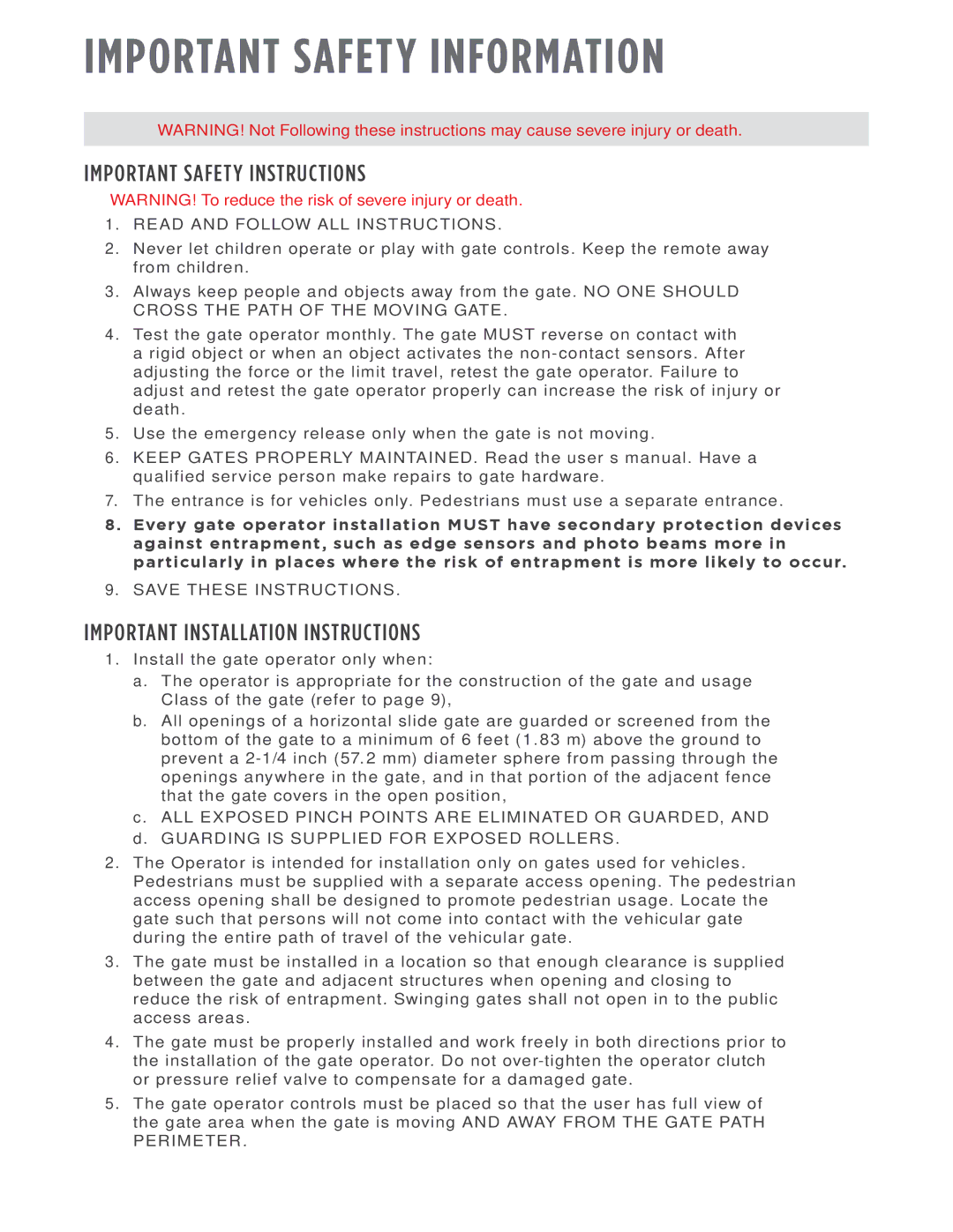 Viking Access Systems f1 gate manual Important Safety Information, Important Safety Instructions 