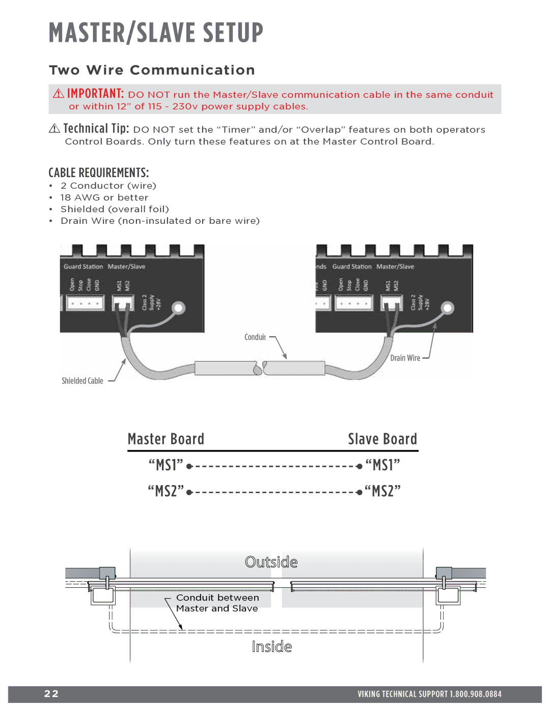 Viking Access Systems Q7 manual MASTER/SLAVE Setup, Two Wire Communication, Cable Requirements, MS1 MS2 