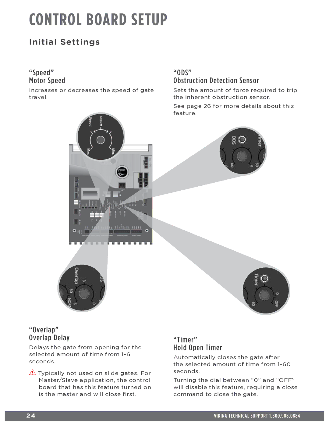 Viking Access Systems Q7 Control Board Setup, Initial Settings, Ods, Obstruction Detection Sensor, Timer Hold Open Timer 