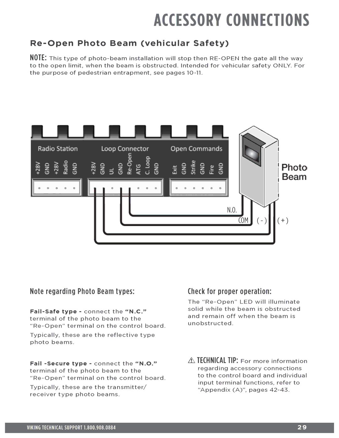 Viking Access Systems Q7 Accessory Connections, Re-Open Photo Beam vehicular Safety, Com +, Check for proper operation 