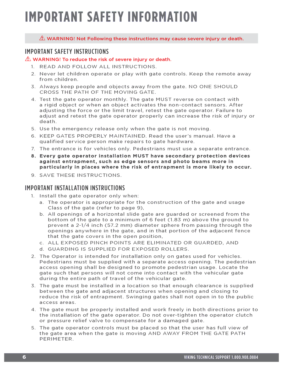 Viking Access Systems Q7 Important Safety Information, Important Safety Instructions, Important Installation Instructions 