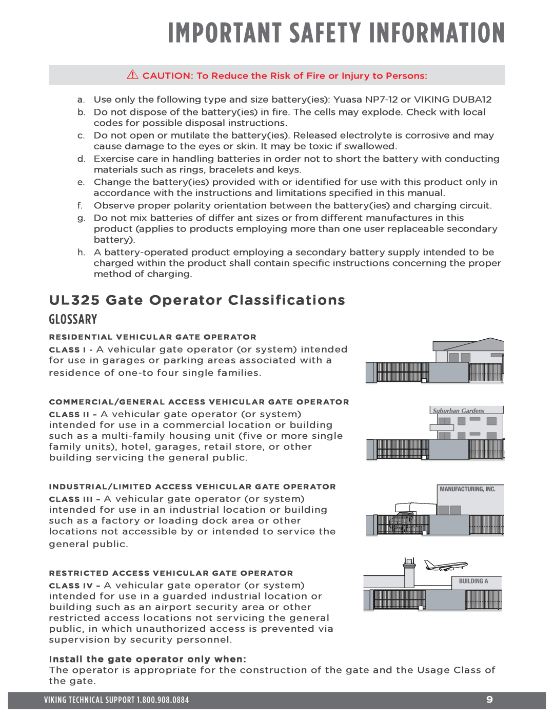 Viking Access Systems Q7 manual UL325 Gate Operator Classifications, Glossary, Important Safety Information 