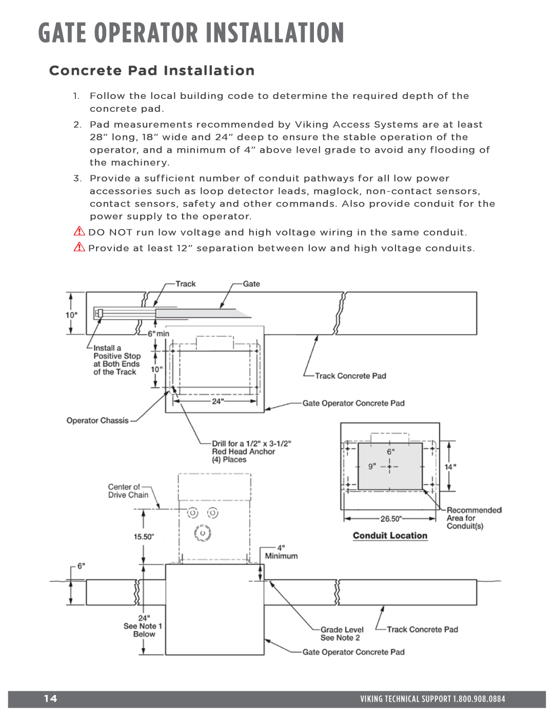 Viking Access Systems Q7 manual Gate Operator Installation, Concrete Pad Installation 