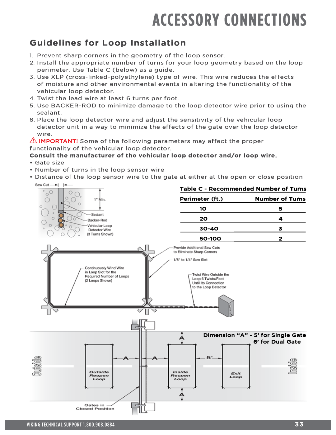 Viking Access Systems Q7 manual Accessory Connections, Guidelines for Loop Installation, Viking Technical Support 