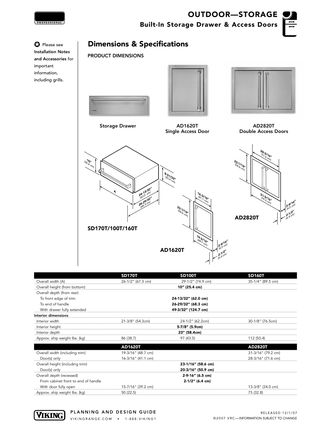 Viking manual Dimensions & Specifications, SD170T/100T/160T, AD2820T AD1620T 