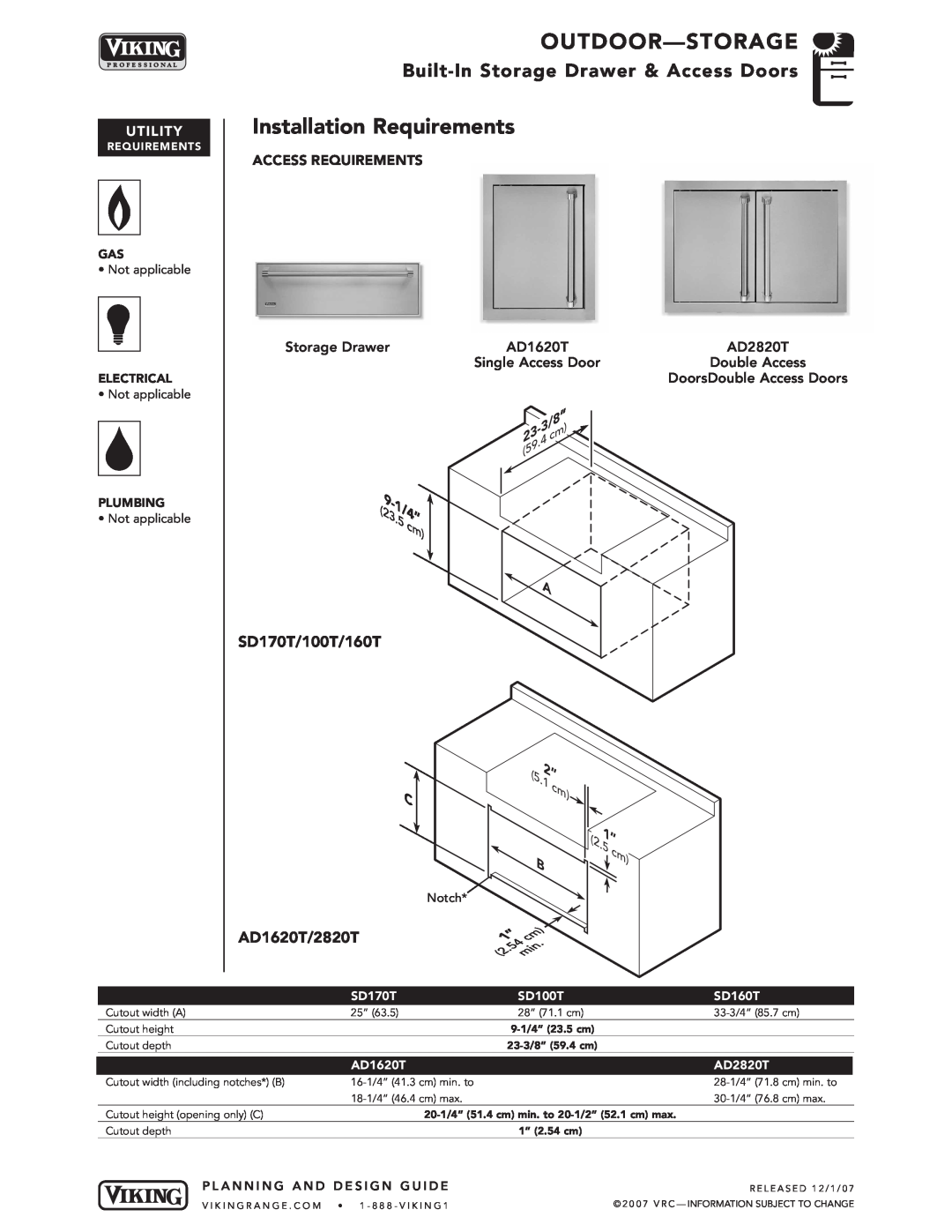 Viking AD1620T Installation Requirements, Access Requirements, Outdoor-Storage, Built-In Storage Drawer & Access Doors 