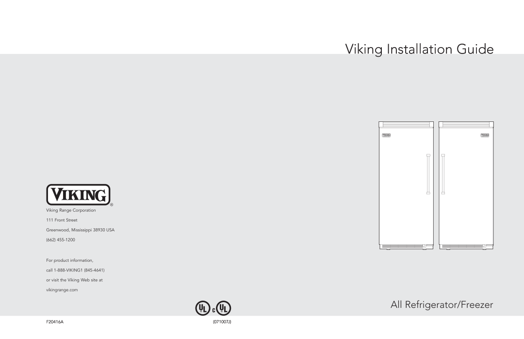 Viking AF/AR manual Viking Installation Guide, All Refrigerator/Freezer, Ul C Ul 