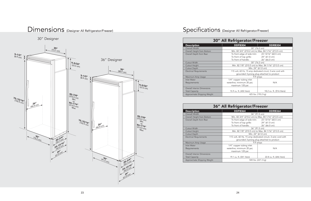Viking AF/AR 30” Designer, 36” Designer, Dimensions Designer All Refrigerator/Freezer, DDFB304, DDRB304, DDFB364, DDRB364 