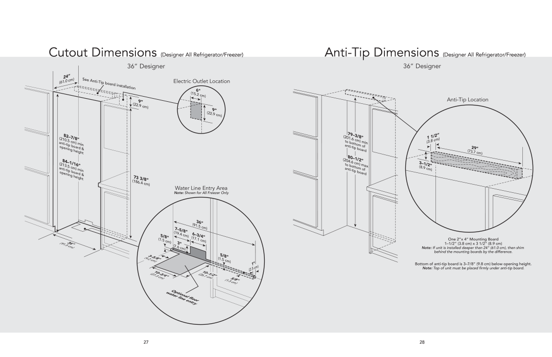 Viking AF/AR manual 36” Designer, Cutout Dimensions Designer All Refrigerator/Freezer, Electric Outlet Location, 3/8”, 79-3 