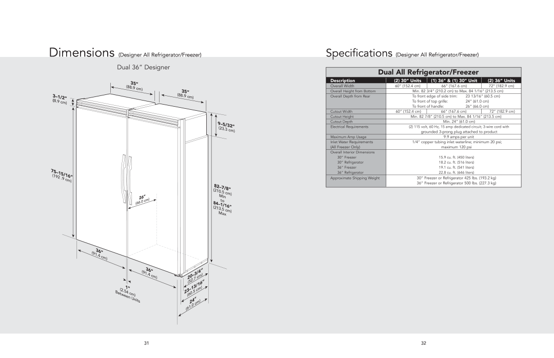 Viking AF/AR Dual 36” Designer, Dual All Refrigerator/Freezer, Dimensions Designer All Refrigerator/Freezer, 3-1/2”, 5 cm 