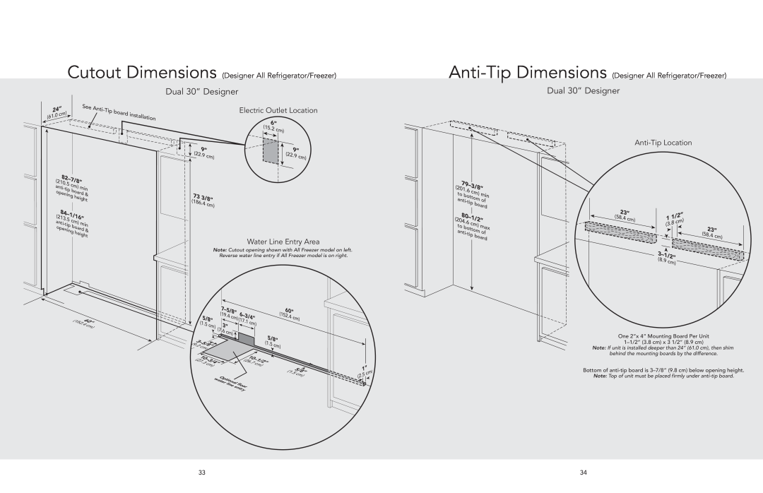 Viking AF/AR manual Dual 30” Designer, Cutout Dimensions Designer All Refrigerator/Freezer, Electric Outlet Location, 3/8” 