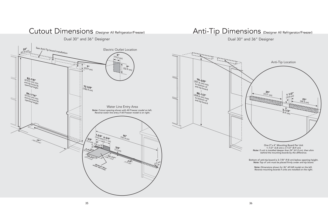 Viking AF/AR Dual 30” and 36” Designer, Cutout Dimensions Designer All Refrigerator/Freezer, Electric Outlet Location 
