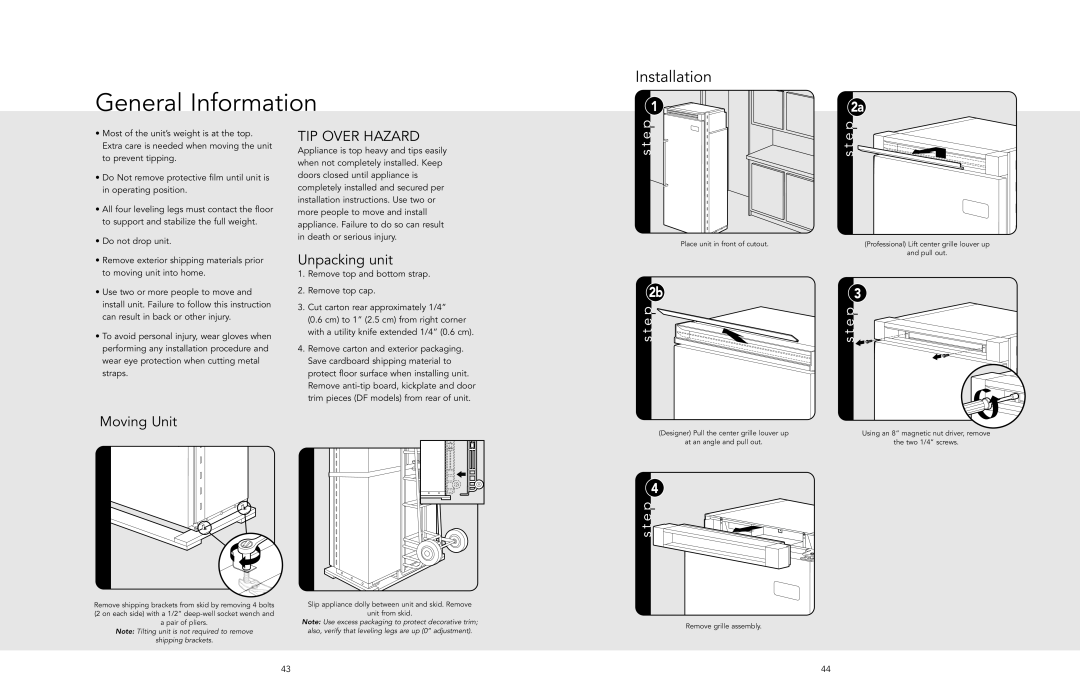 Viking AF/AR manual Installation, Tip Over Hazard, Unpacking unit, Moving Unit, General Information 