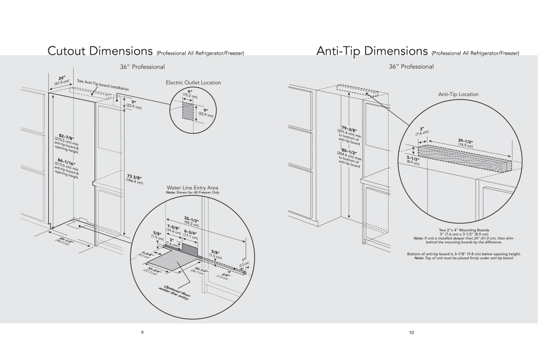 Viking AF/AR 79-3, 36” Professional, Cutout Dimensions Professional All Refrigerator/Freezer, Electric Outlet Location 