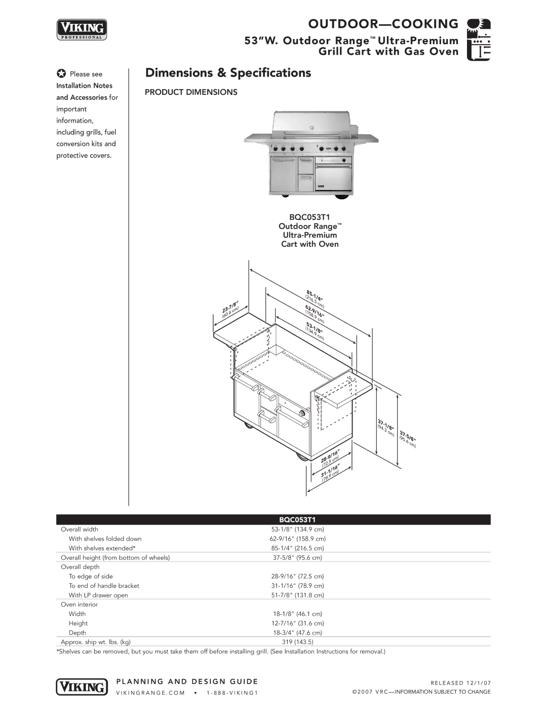 Viking BQC053T1 manual Dimensions & Specifications, Product Dimensions 