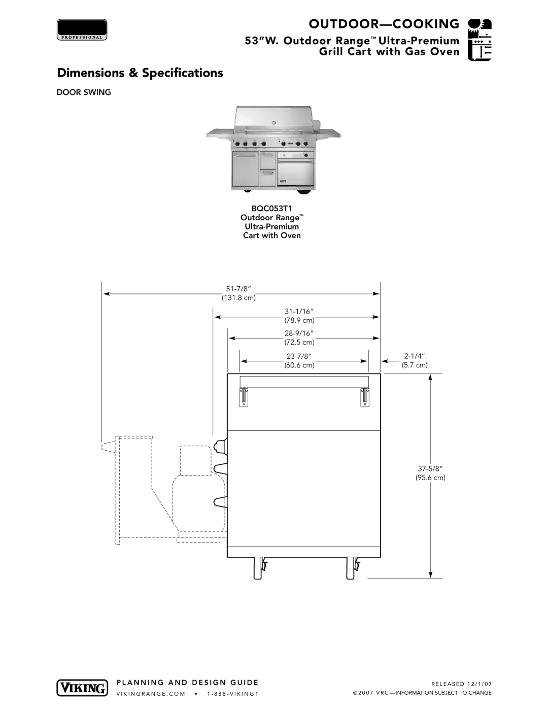 Viking BQC053T1 manual Door Swing 