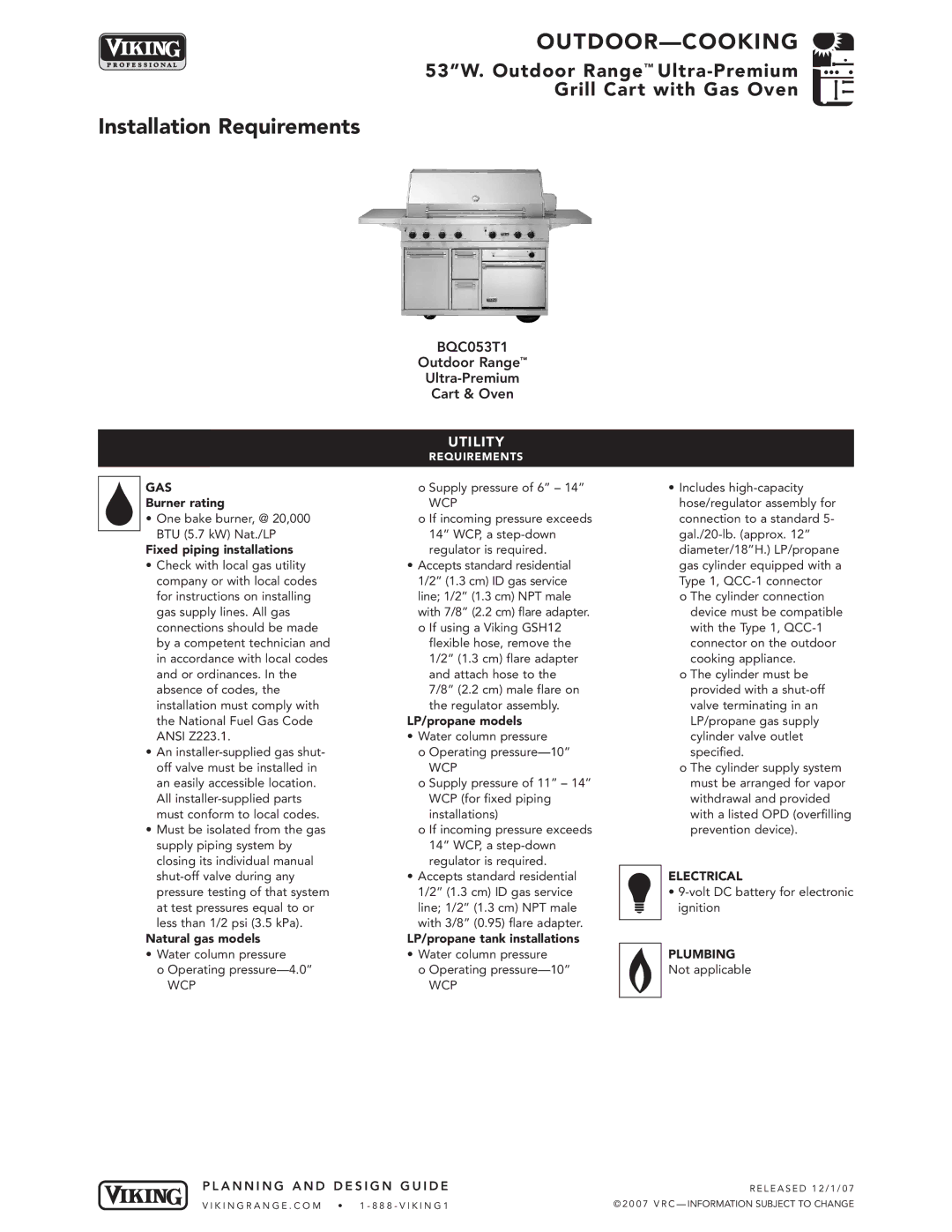 Viking BQC053T1 manual Installation Requirements, Utility 