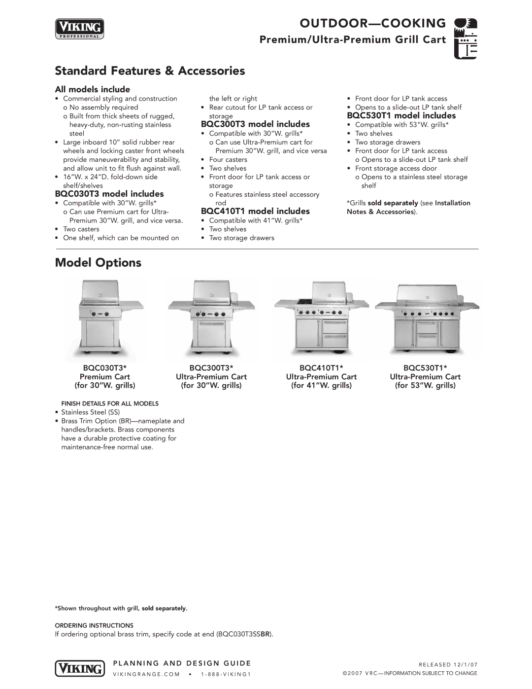 Viking BQC530T1, BQC410T1*, BQC030T3 manual Standard Features & Accessories, Model Options 