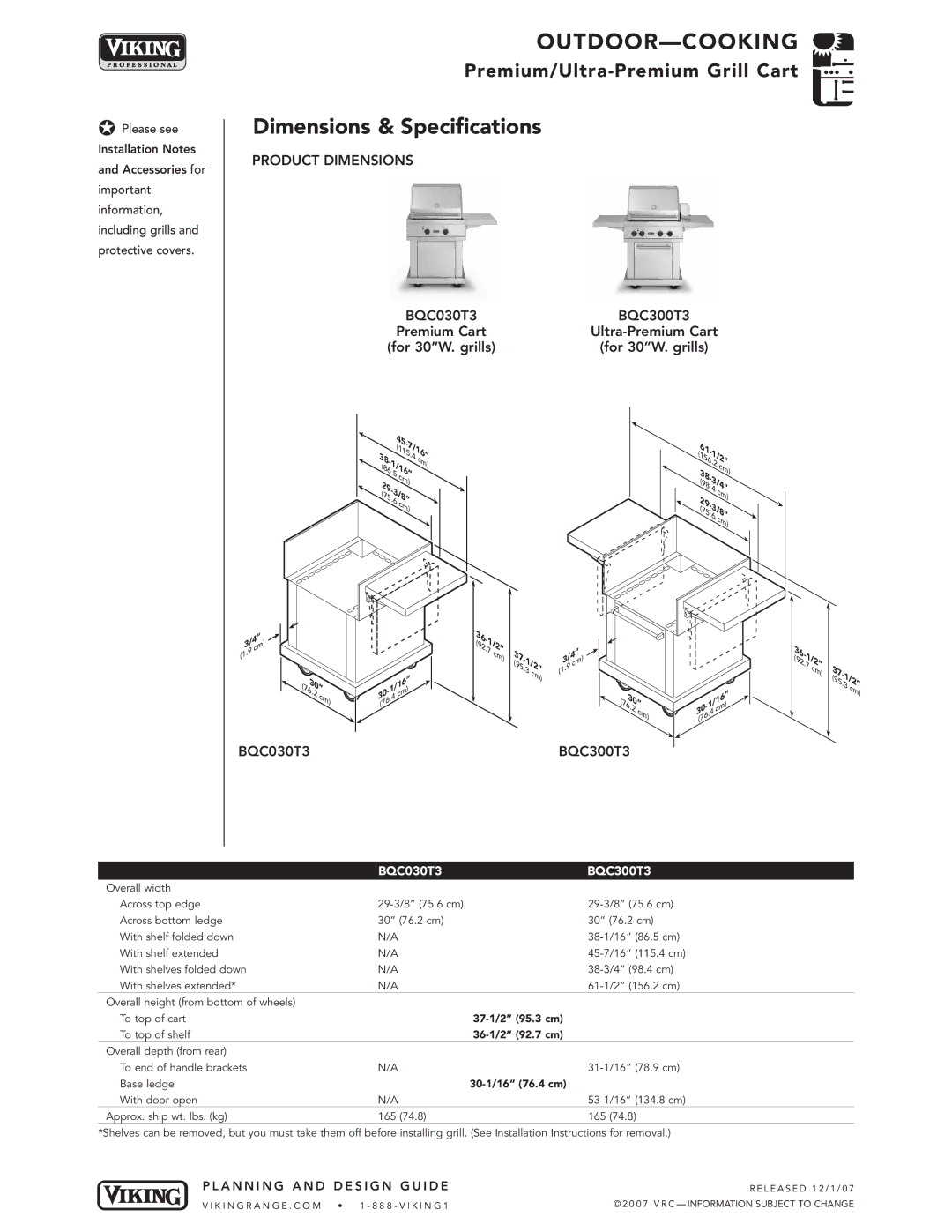 Viking manual Dimensions & Specifications, Product Dimensions, BQC030T3 Premium Cart For 30W. grills, BQC030T3 BQC300T3 