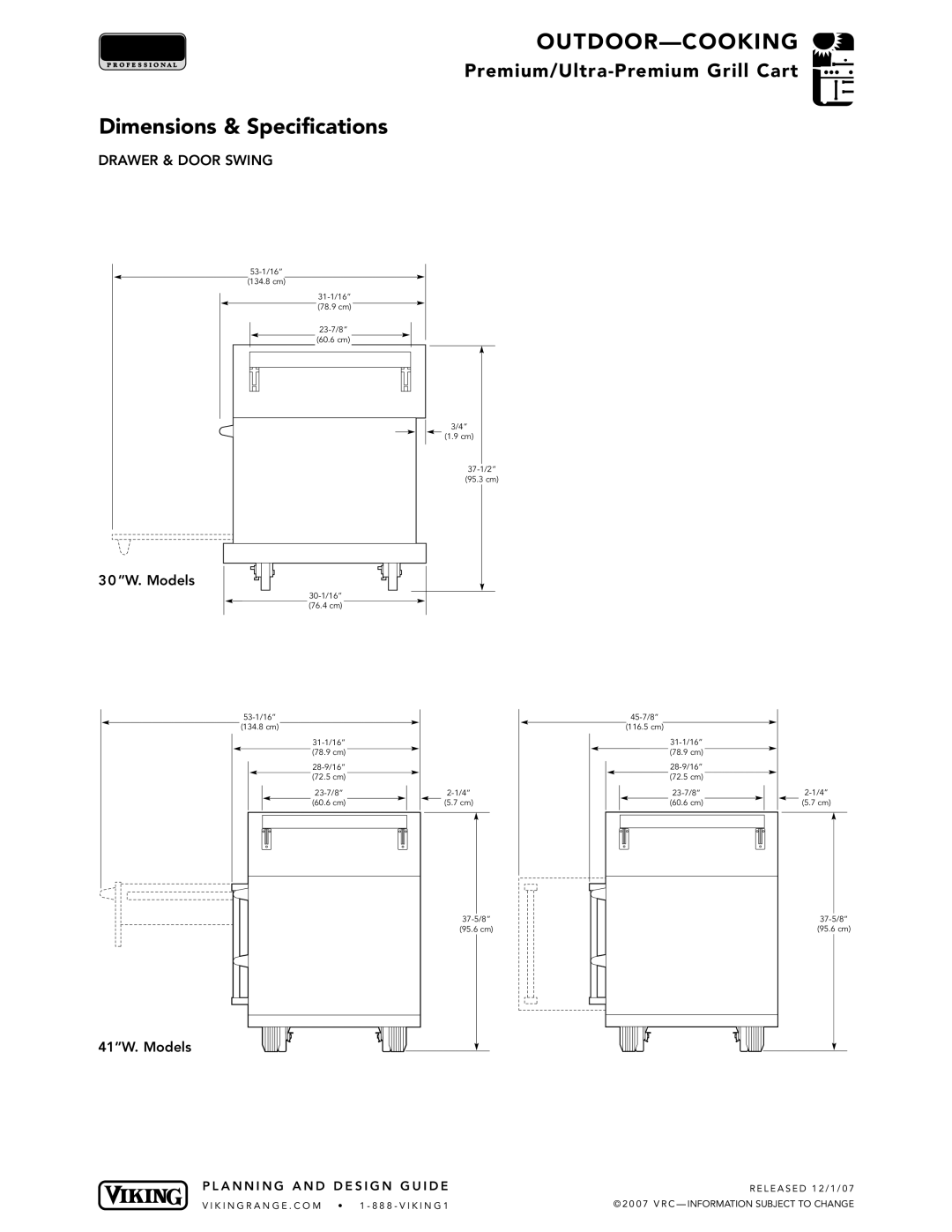 Viking BQC530T1, BQC410T1*, BQC030T3 manual Drawer & Door Swing, 30W. Models, 41W. Models 