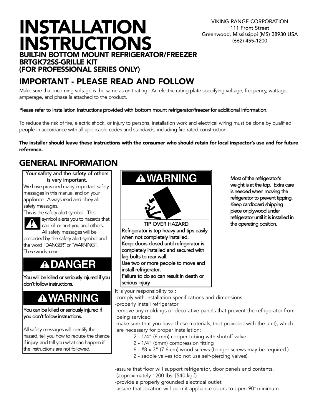 Viking BRTGK72SS installation instructions Important Please Read and Follow, General Information, Viking Range Corporation 