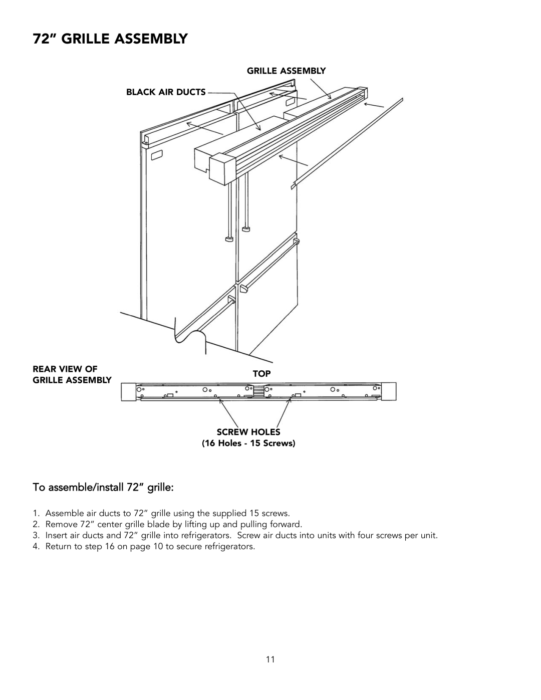 Viking BRTGK72SS installation instructions Grille Assembly, To assemble/install 72 grille 