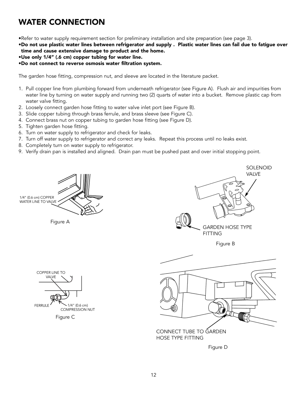Viking BRTGK72SS installation instructions Water Connection, Solenoid Valve, Connect Tube to Garden Hose Type Fitting 