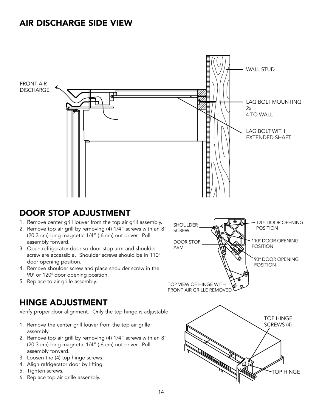 Viking BRTGK72SS installation instructions AIR Discharge Side View Door Stop Adjustment, Hinge Adjustment 