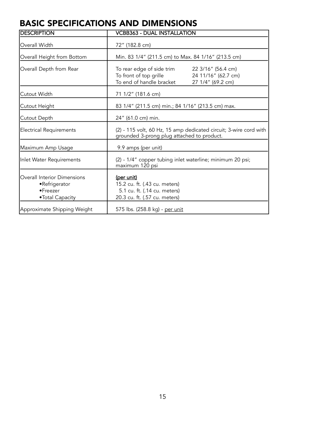 Viking BRTGK72SS installation instructions Basic Specifications and Dimensions, Description VCBB363 Dual Installation 