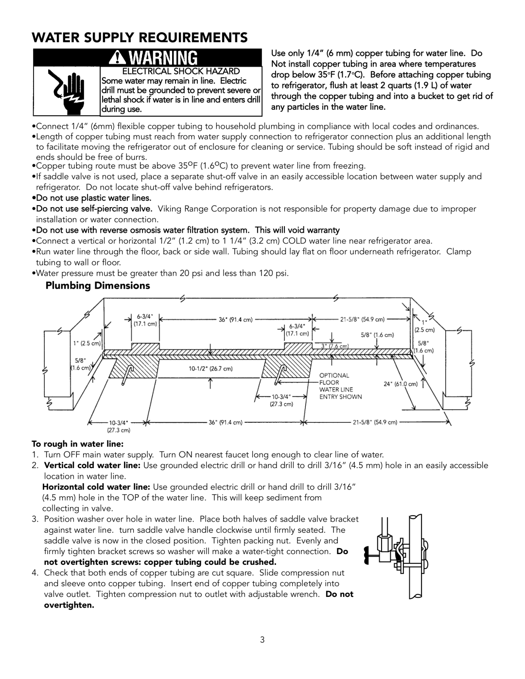 Viking BRTGK72SS installation instructions Water Supply Requirements, Plumbing Dimensions 