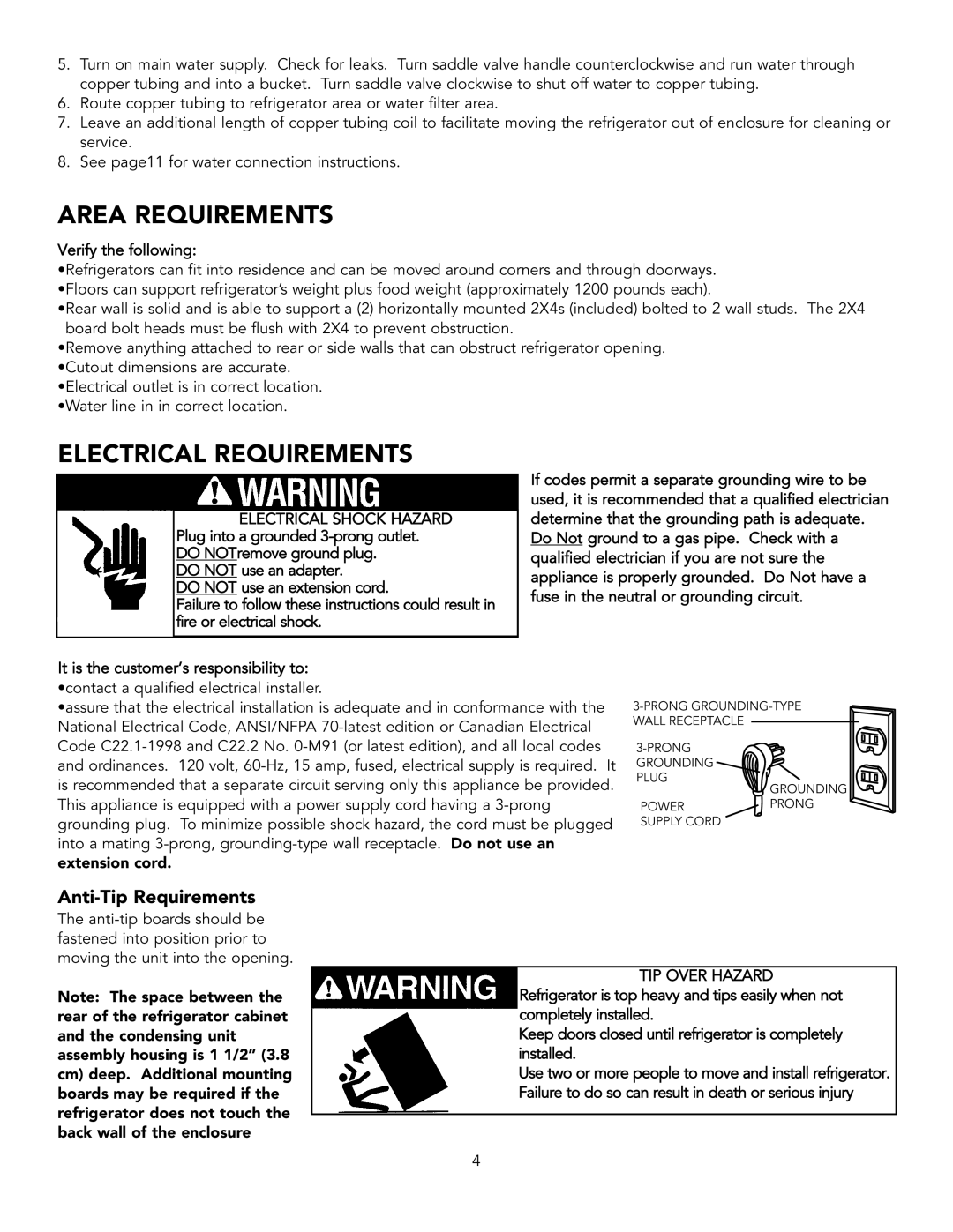 Viking BRTGK72SS installation instructions Area Requirements, Electrical Requirements, TIP Over Hazard 