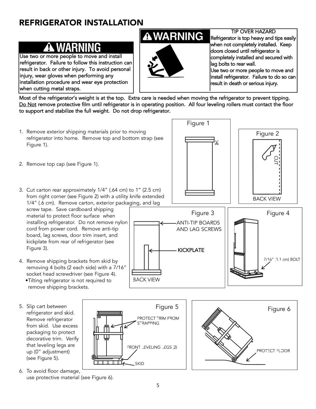 Viking BRTGK72SS installation instructions Refrigerator Installation, ANTI- TIP Boards, LAG Screws, Kickplate, Back View 