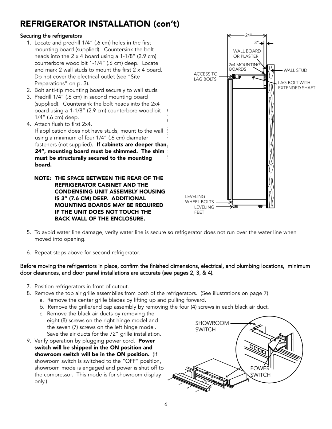 Viking BRTGK72SS installation instructions Refrigerator Installation con’t 