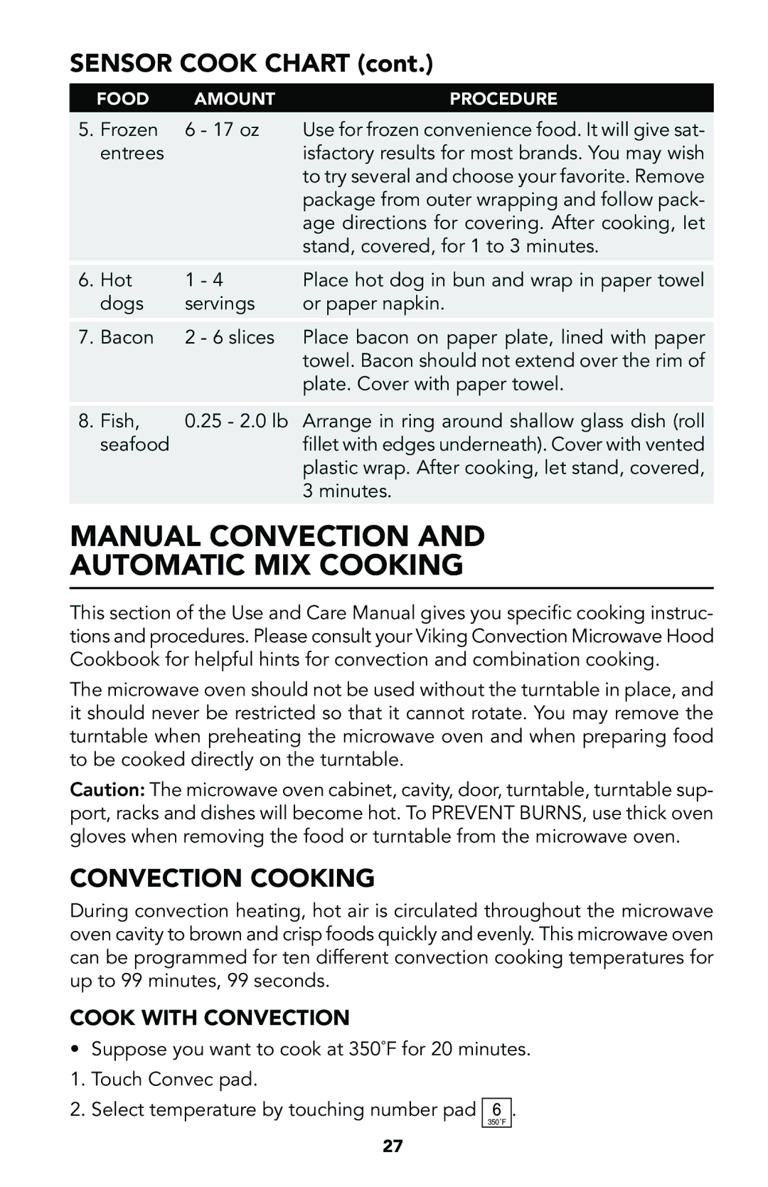 Viking Built-In Convection Microwave Hood manual Manual Convection Automatic MIX Cooking, Convection Cooking 