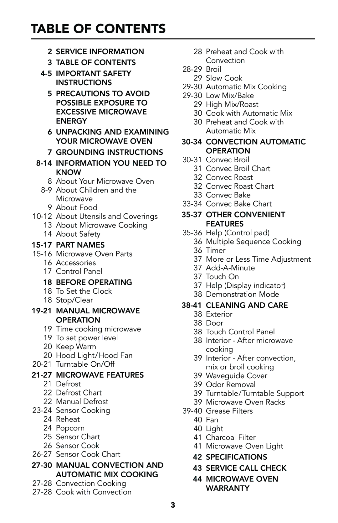 Viking Built-In Convection Microwave Hood manual Table of Contents 