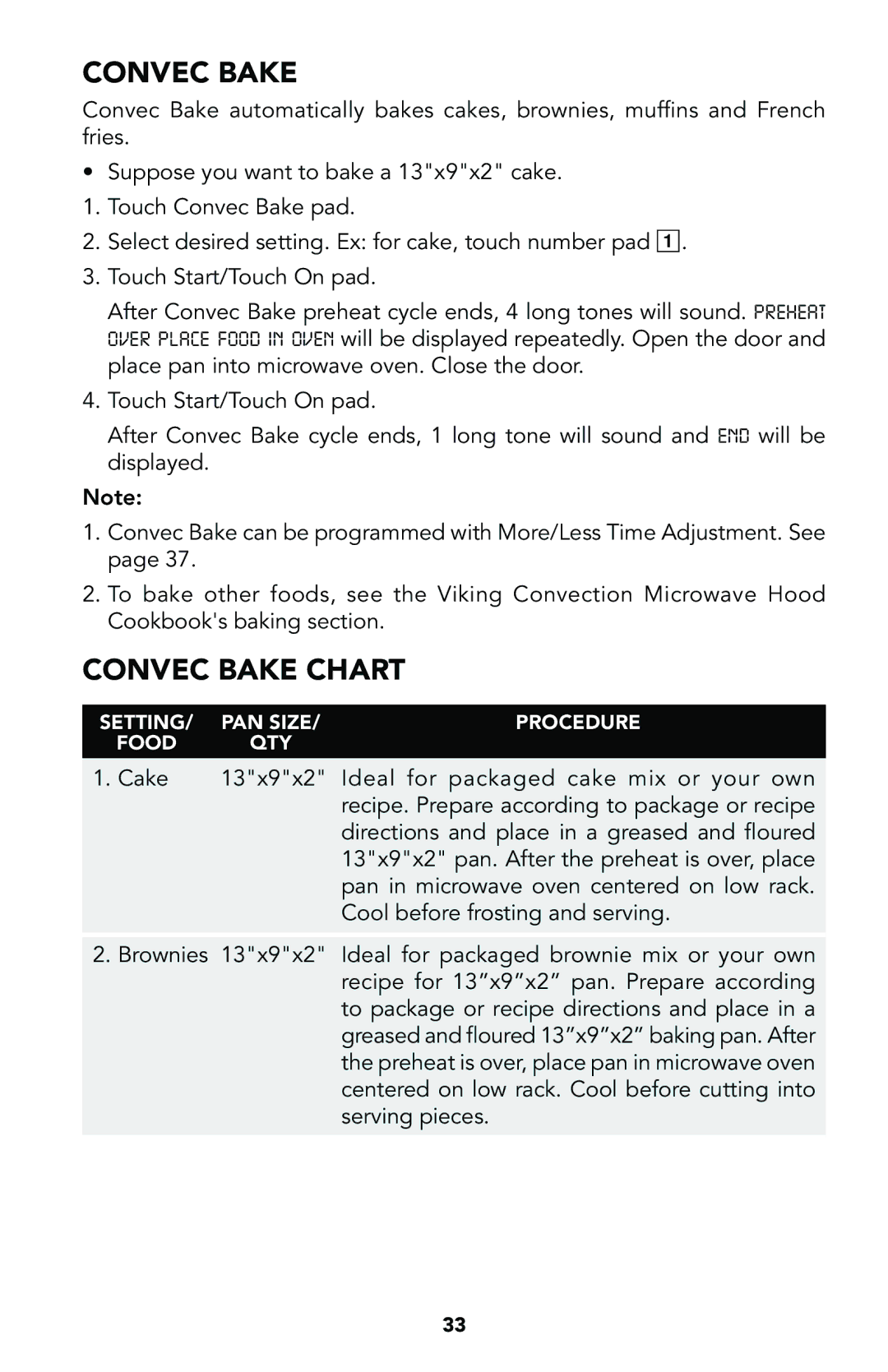 Viking Built-In Convection Microwave Hood manual Convec Bake Chart 