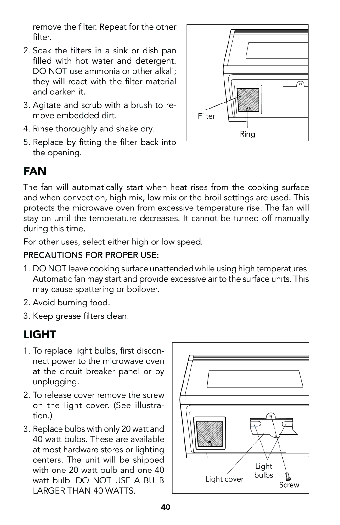 Viking Built-In Convection Microwave Hood manual Fan, Light, Precautions for Proper USE 