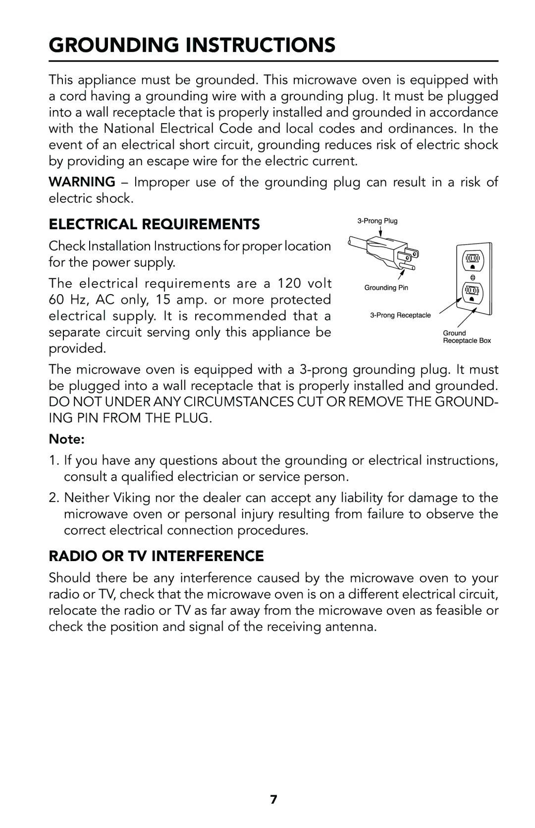 Viking Built-In Convection Microwave Hood manual Grounding Instructions, Electrical Requirements, Radio or TV Interference 