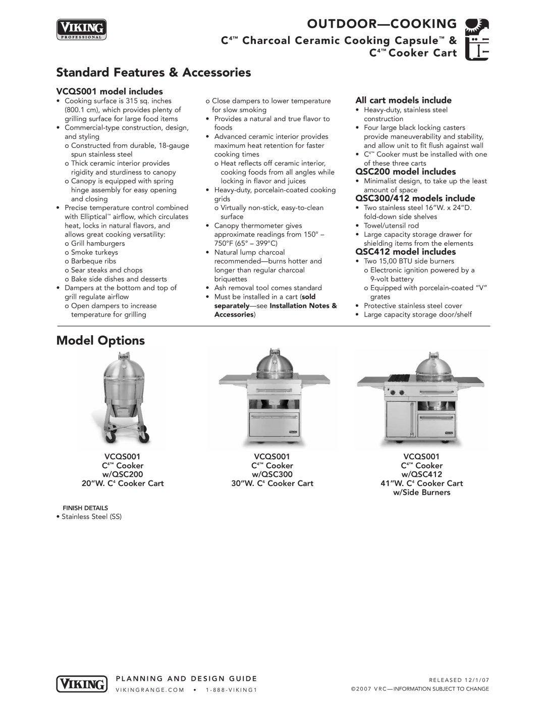 Viking C4TM manual Standard Features & Accessories, Model Options 