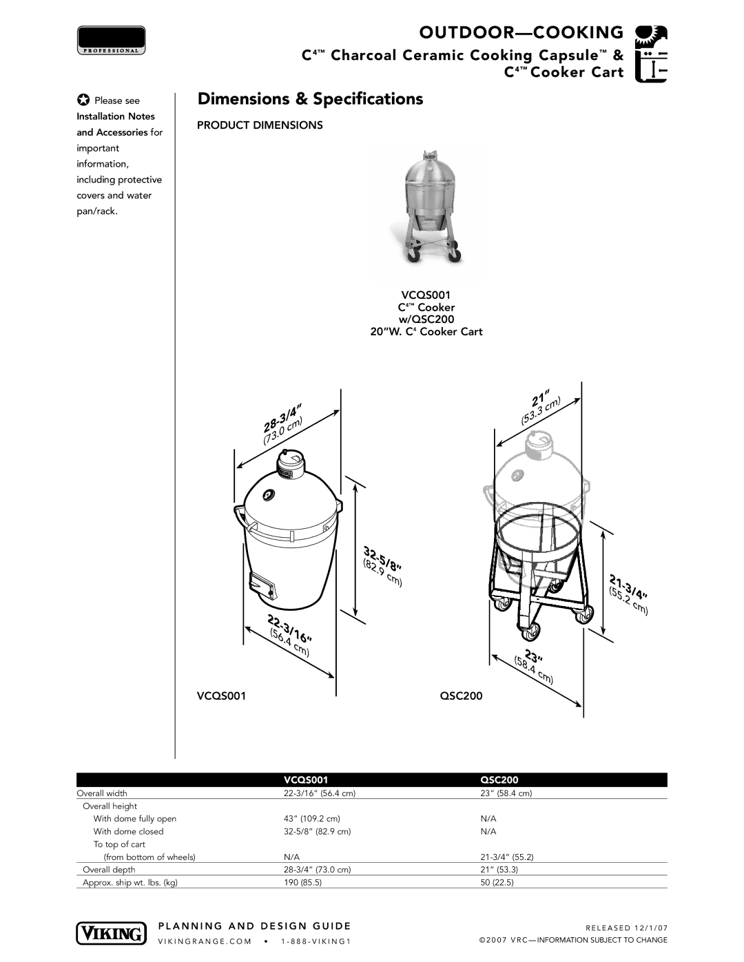 Viking C4TM manual Dimensions & Specifications, Product Dimensions VCQS001, QSC200 