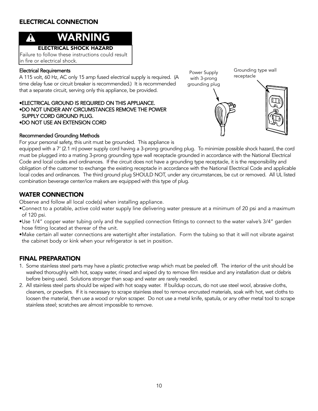 Viking Combination Beverage Center manual Electrical Connection, Water Connection, Final Preparation 