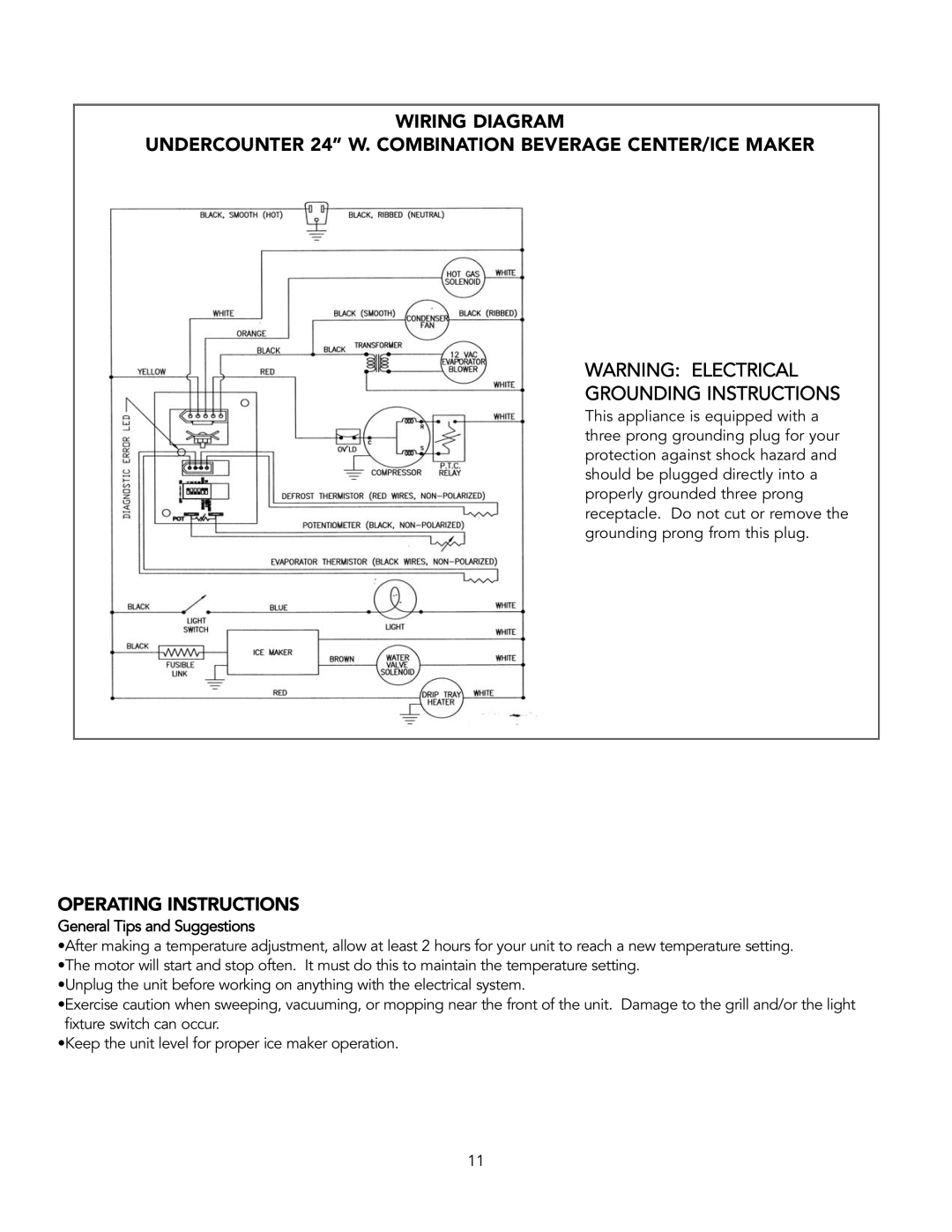 Viking Combination Beverage Center manual Grounding Instructions, Operating Instructions 