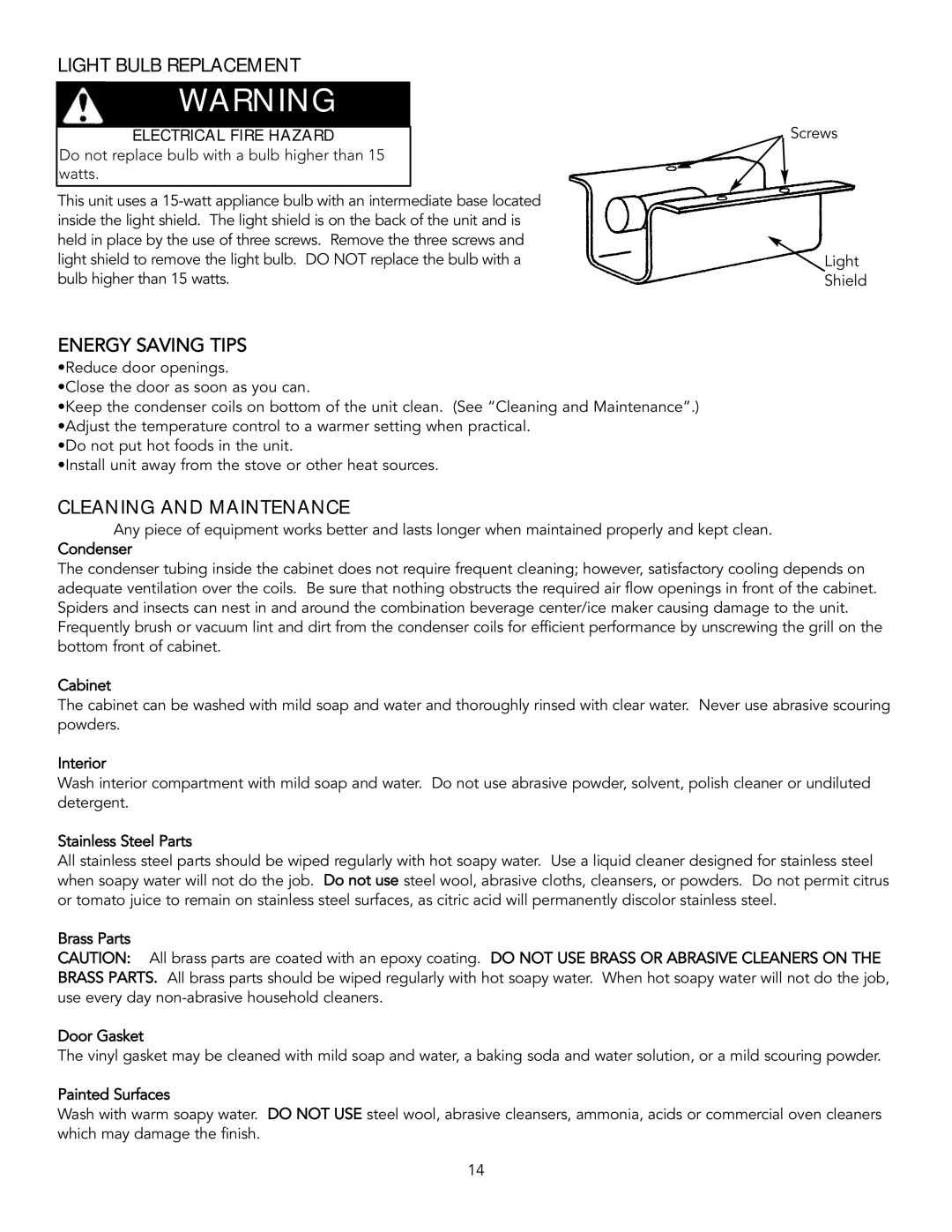 Viking Combination Beverage Center manual Light Bulb Replacement, Cleaning and Maintenance 