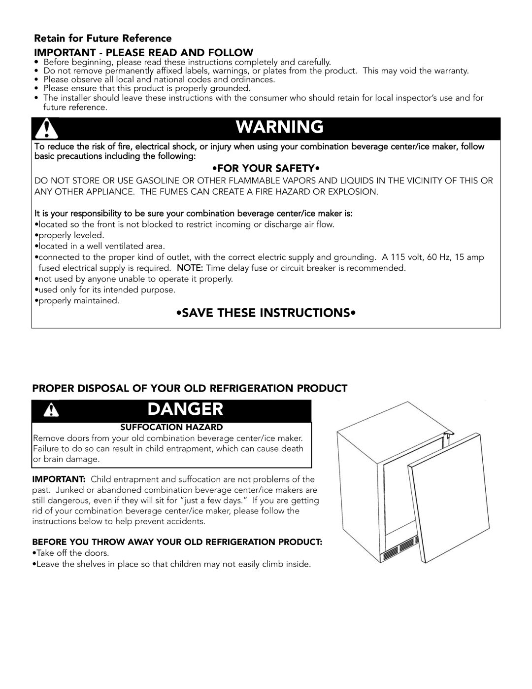 Viking Combination Beverage Center manual Important Please Read and Follow, For Your Safety 