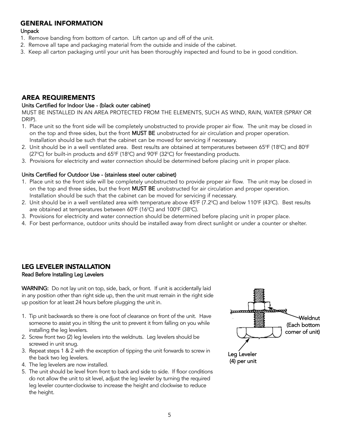 Viking Combination Beverage Center manual General Information, Area Requirements, LEG Leveler Installation 