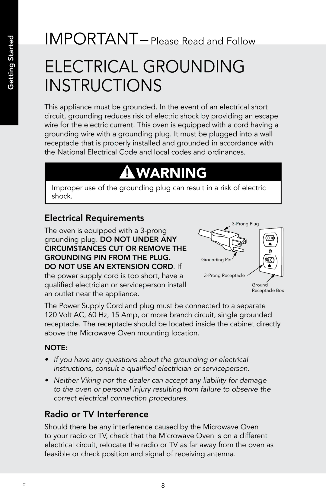 Viking D3, RDMOS201SS manual Electrical Grounding Instructions, IMPORTANT- Please Read and Follow 