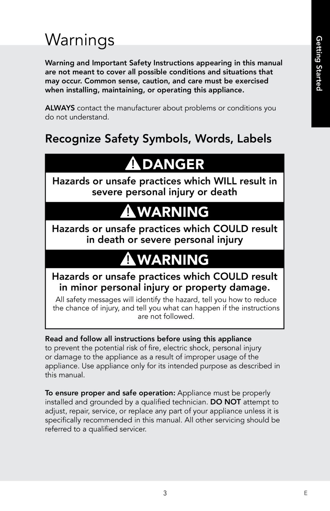 Viking RDMOS201SS, D3 manual Recognize Safety Symbols, Words, Labels, Getting Started 